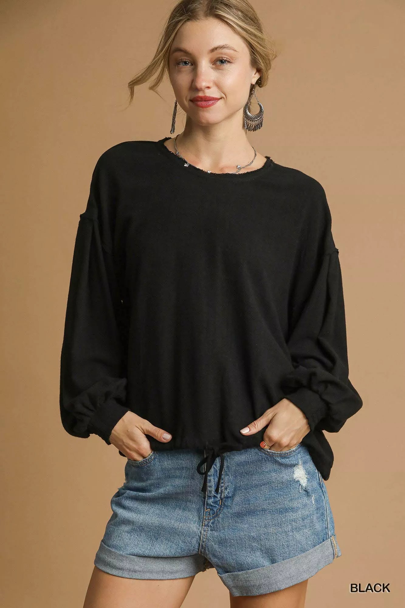 Umgee Full Size Linen Long Sleeve Top with Drawstring Plus Size Black Trendsi