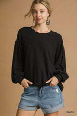 Umgee Full Size Linen Long Sleeve Top with Drawstring Plus Size Black Trendsi