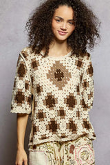 POL Round Neck Short Sleeve Color Pattern Crochet Top with Border Accents CHOCO MULTI OutfitFlow