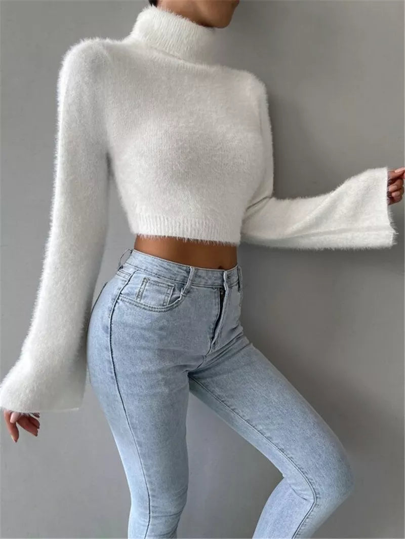 Fluffy Knit Turtleneck Bell Sleeve Cropped Sweater OutfitFlow