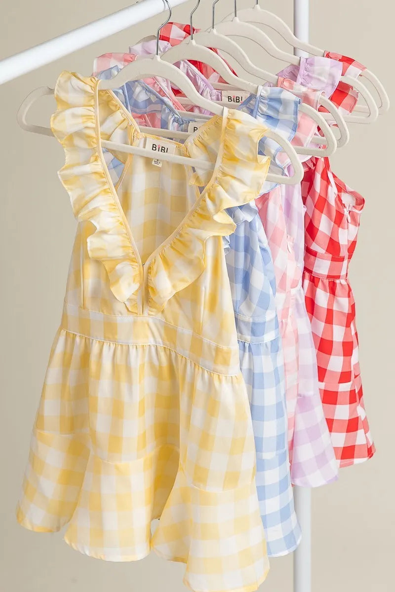BiBi Ruffled Neckline Sleeveless Check Plaid Peplum Top OutfitFlow