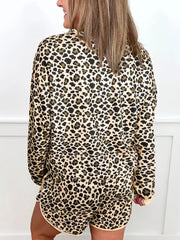 Leopard Print Contrast Trim Long Sleeve Pullover and Drawstring Shorts 2pcs Outfit OutfitFlow
