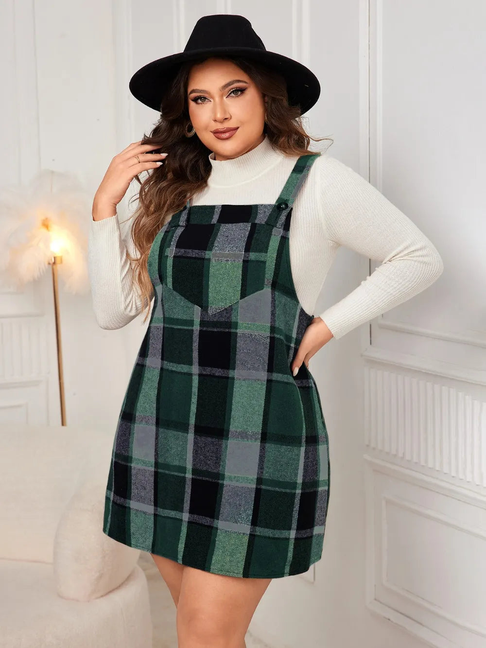 Honey Plus Size Plaid Wide Strap Overall Dress OutfitFlow