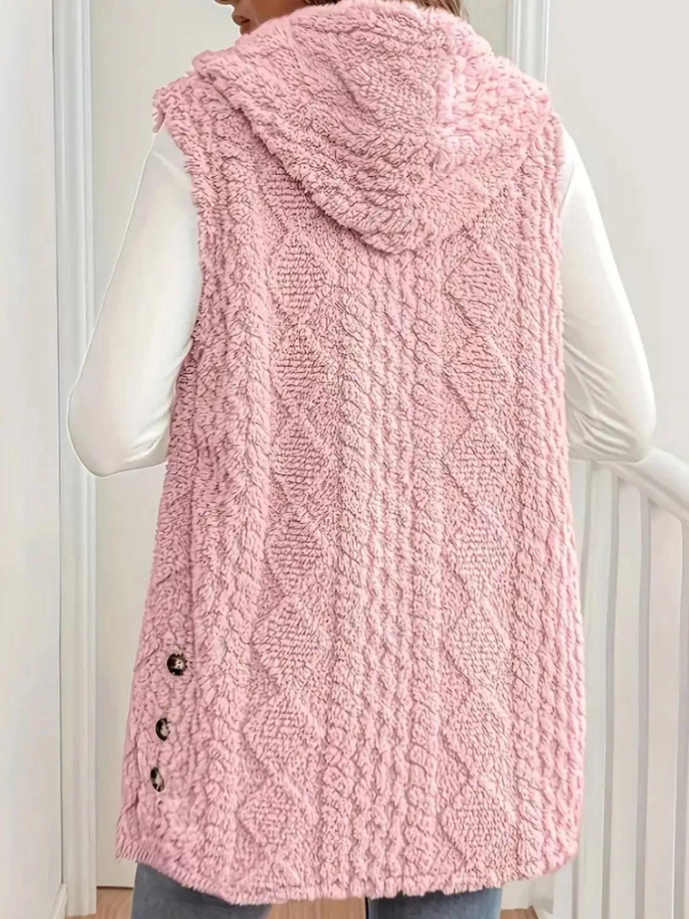 Button Up Plush Hooded Vest Coat OutfitFlow