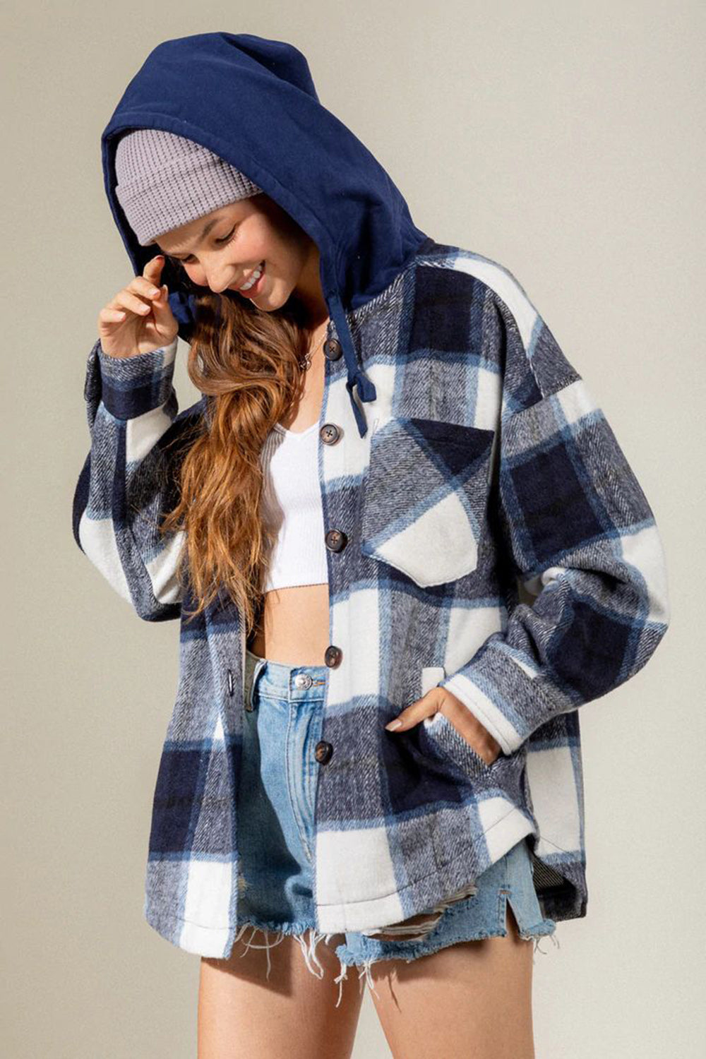 Outfit Flow - Drawstring Plaid Dropped Shoulder Hooded Jacket