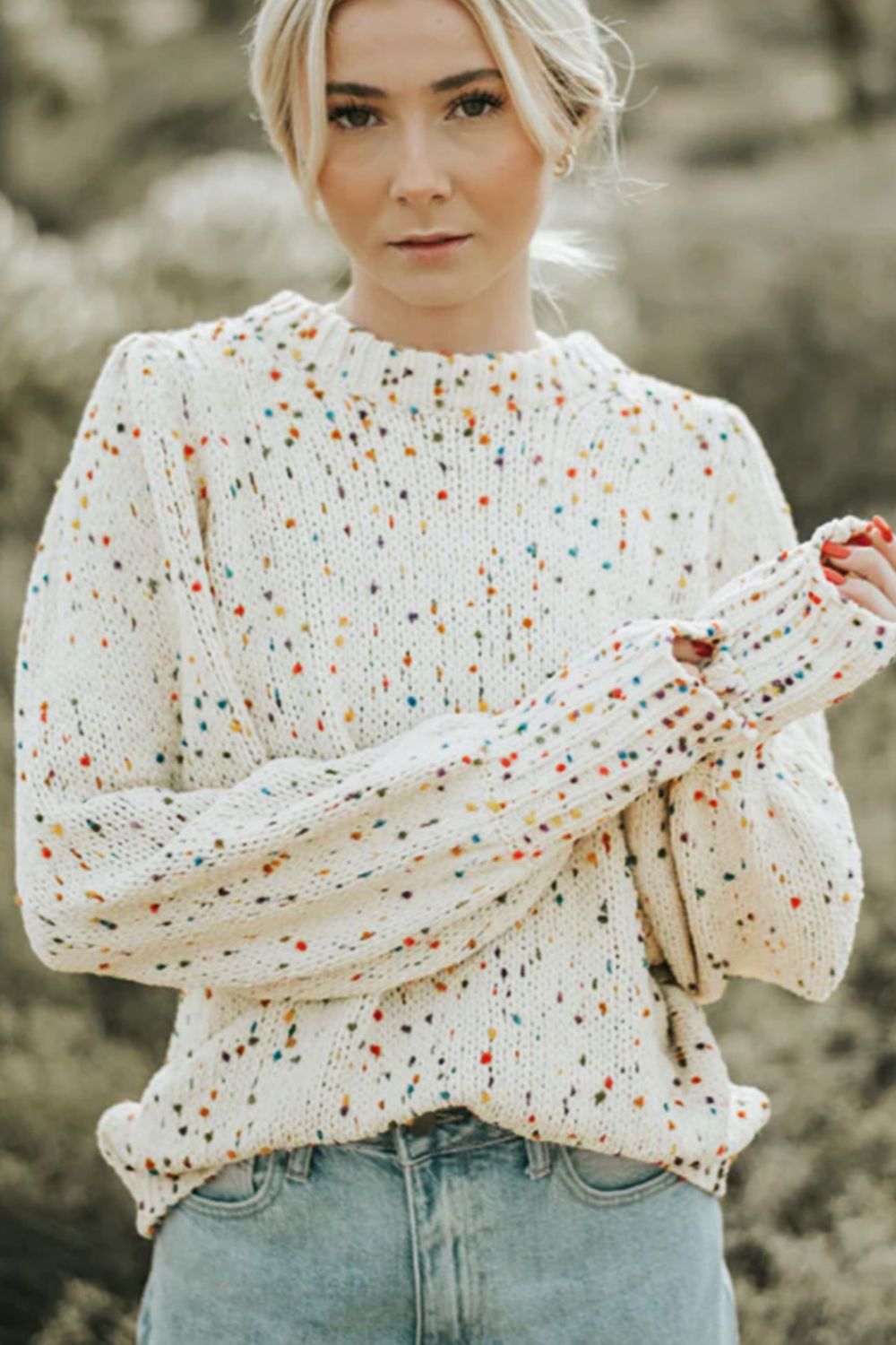 Outfit Flow - Confetti Round Neck Long Sleeve Sweater