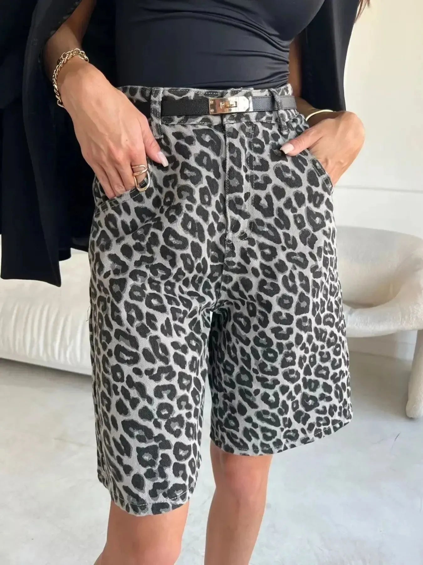 Leopard Print High-Waisted Casual Shorts Dark Gray OutfitFlow