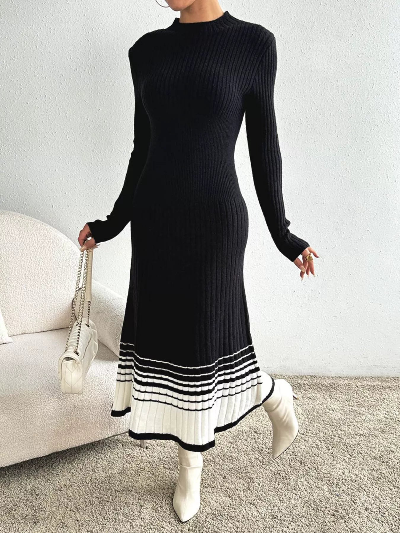 Ribbed Knit Sweater Dress with Striped Hem OutfitFlow