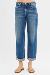 RISEN Full Size Mid Rise Boyfriend Roll Up Jeans Plus Size OutfitFlow