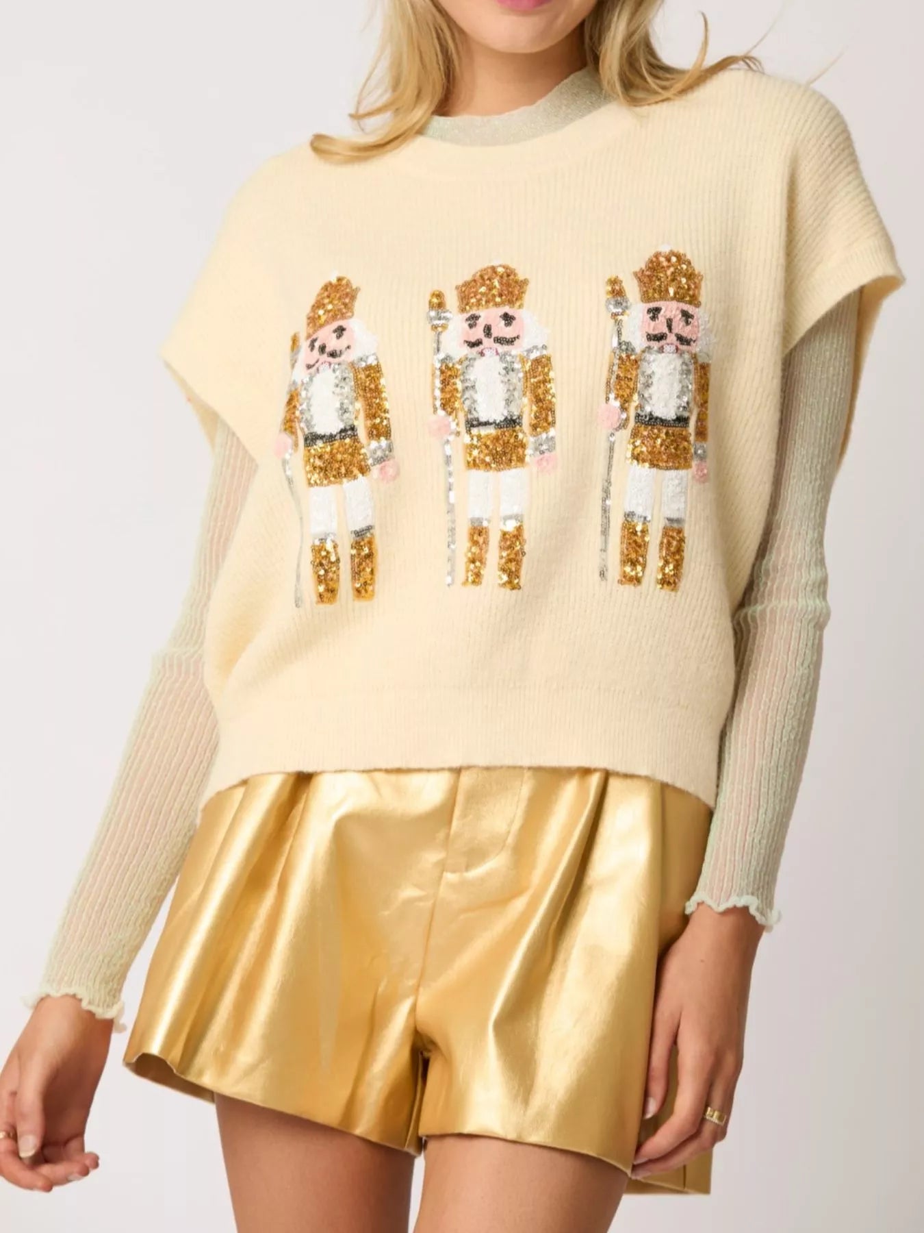 Christmas Sequin Round Neck Sweater Vest Champagne OutfitFlow