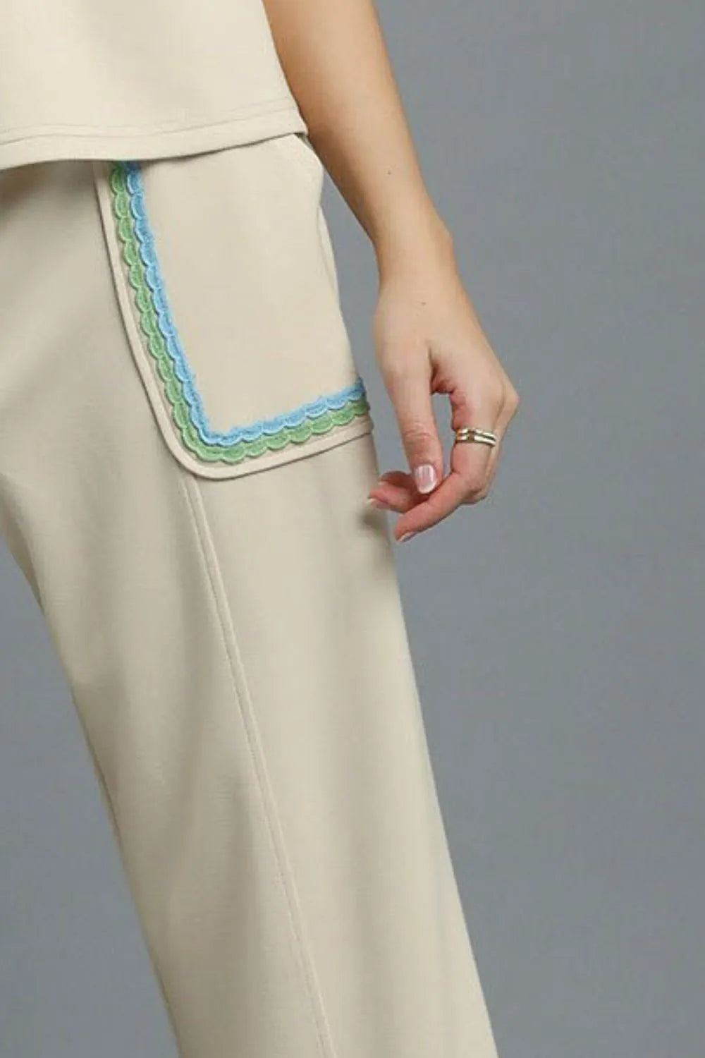 Umgee Drawstring Wide Leg Pants with Scallop Trim Detail OutfitFlow