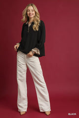 Umgee Half Button Blouse with Leopard Print Trim OutfitFlow