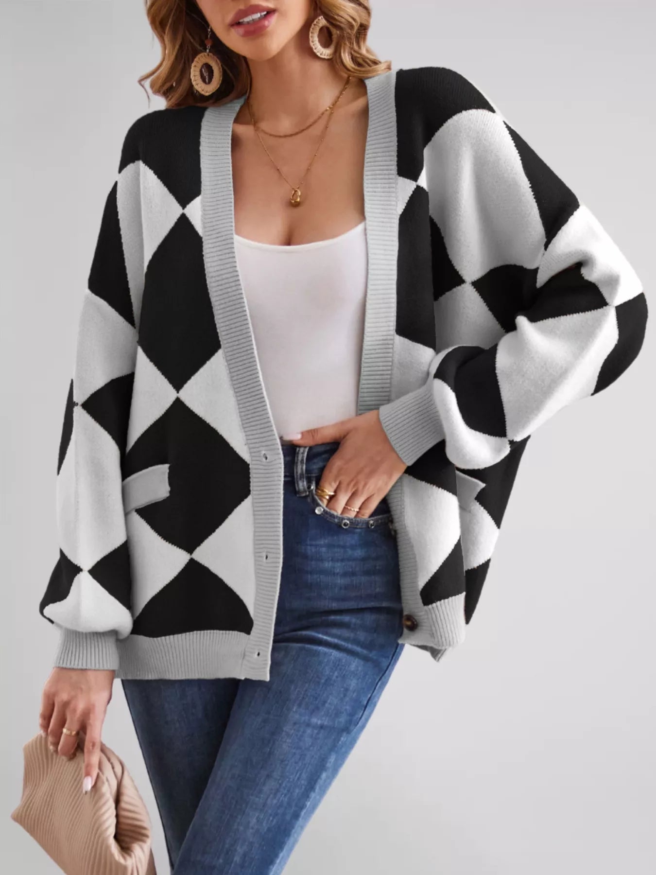 Diamond Pattern Button-Up Knit Cardigan OutfitFlow