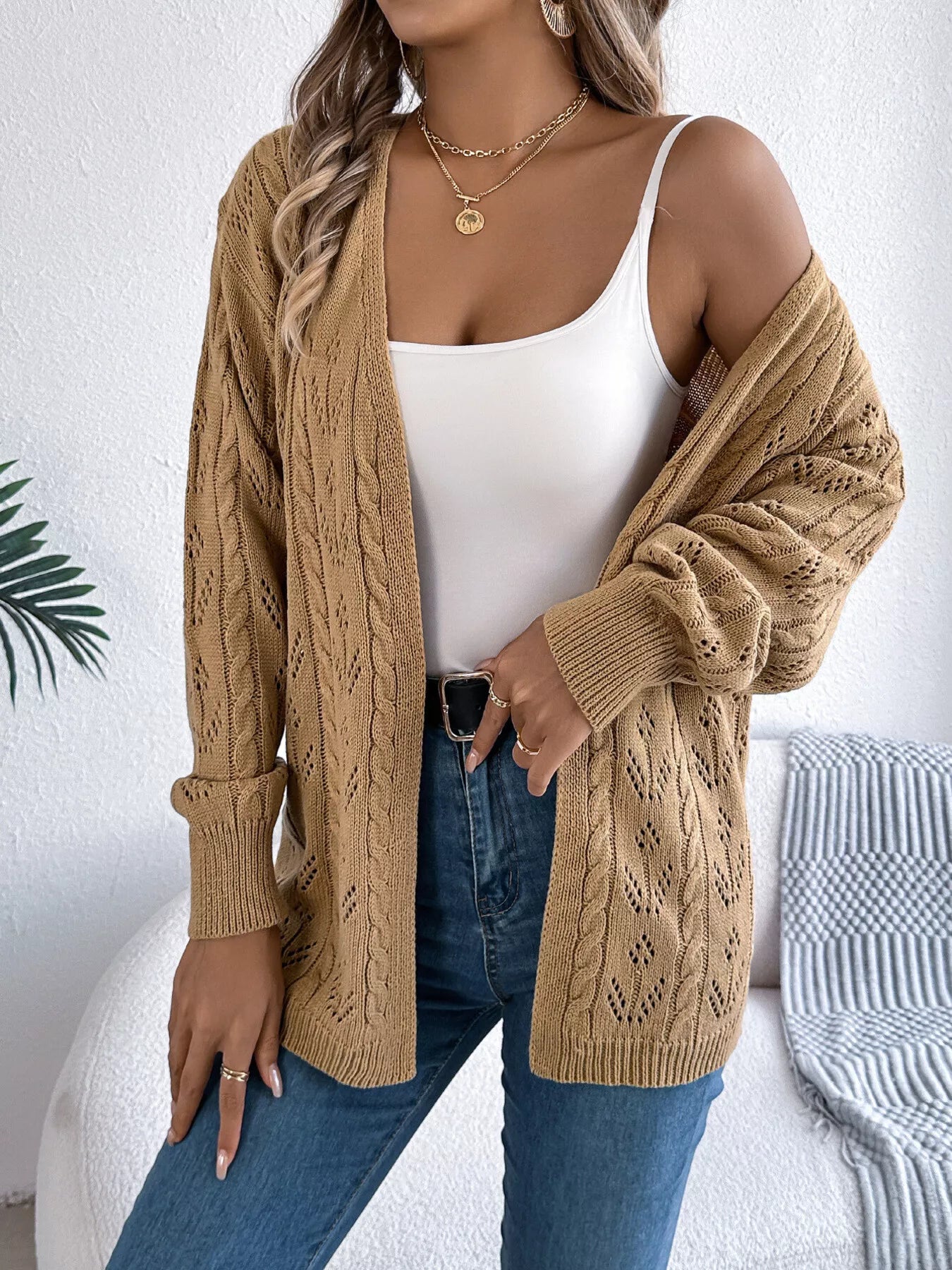 Openwork Open Front Long Sleeve Cardigan OutfitFlow