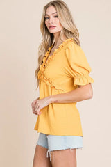 Lime 'N' Chili Solid Ruffled Deep V-Neck Puff Sleeve Babydoll Top OutfitFlow