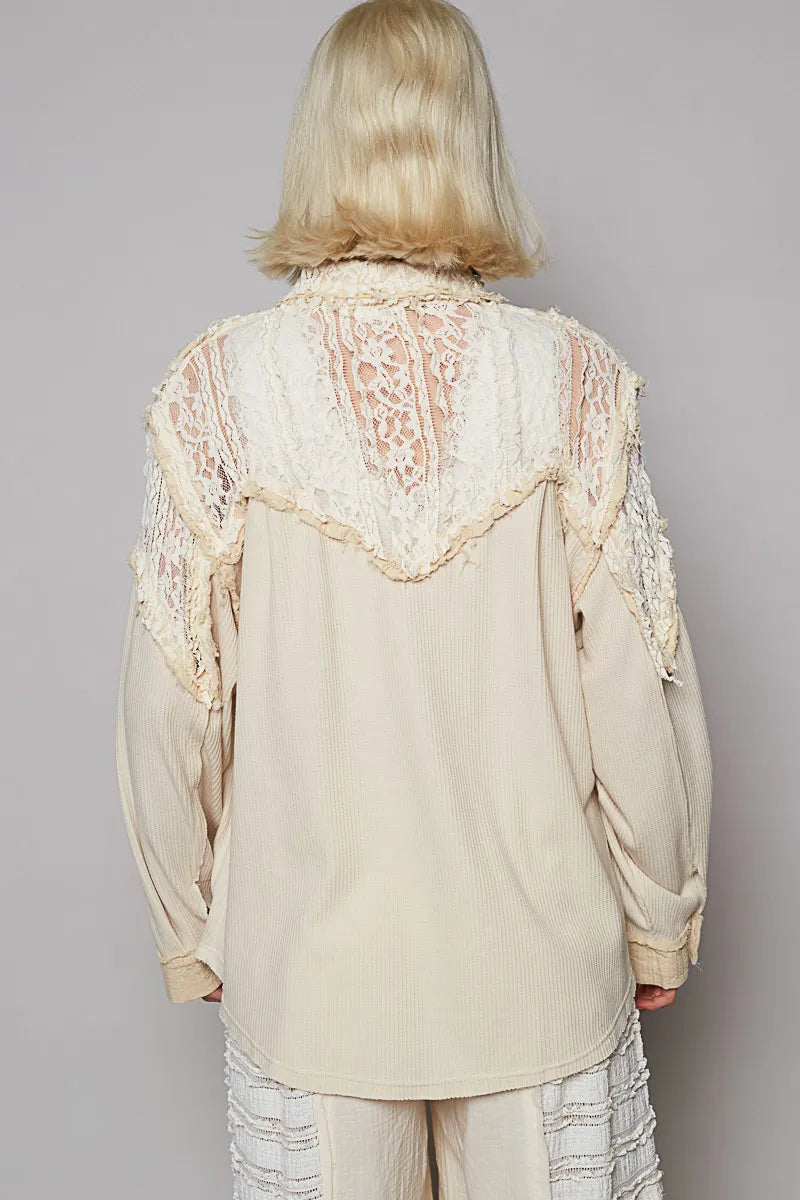 POL Lace Patchwork Button Up Shacket OutfitFlow