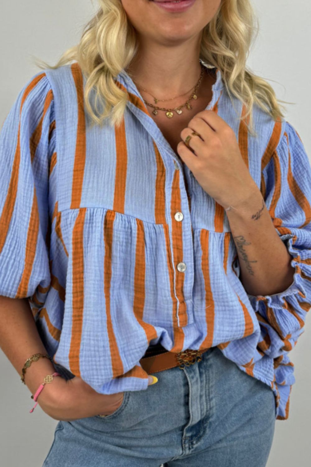 Outfit Flow - Striped Notched Three-Quarter Sleeve Blouse