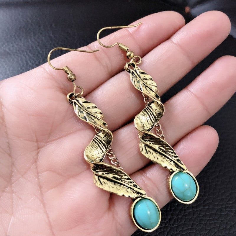 Alloy Leaf Artificial Turquoise Earrings OutfitFlow