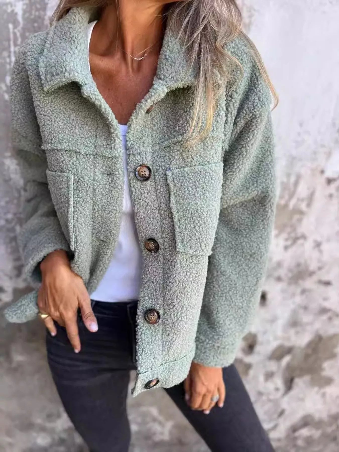 Full Size Single-Breasted Sherpa Shacket Plus Size Green OutfitFlow