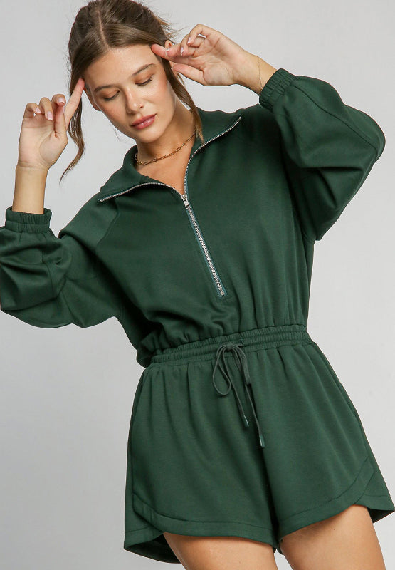 Outfit Flow - Drawstring Half Zip Long Sleeve Romper Set