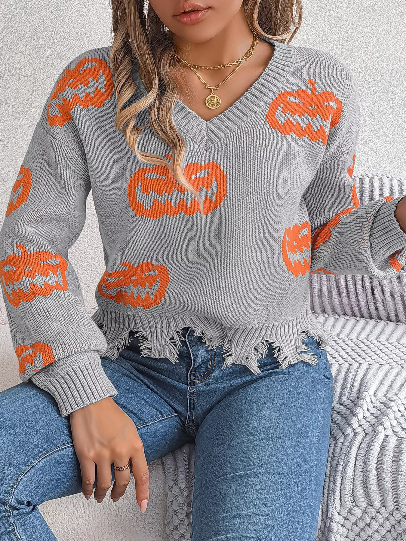 Halloween Pumpkin Pattern Raw Hem V-Neck Sweater OutfitFlow