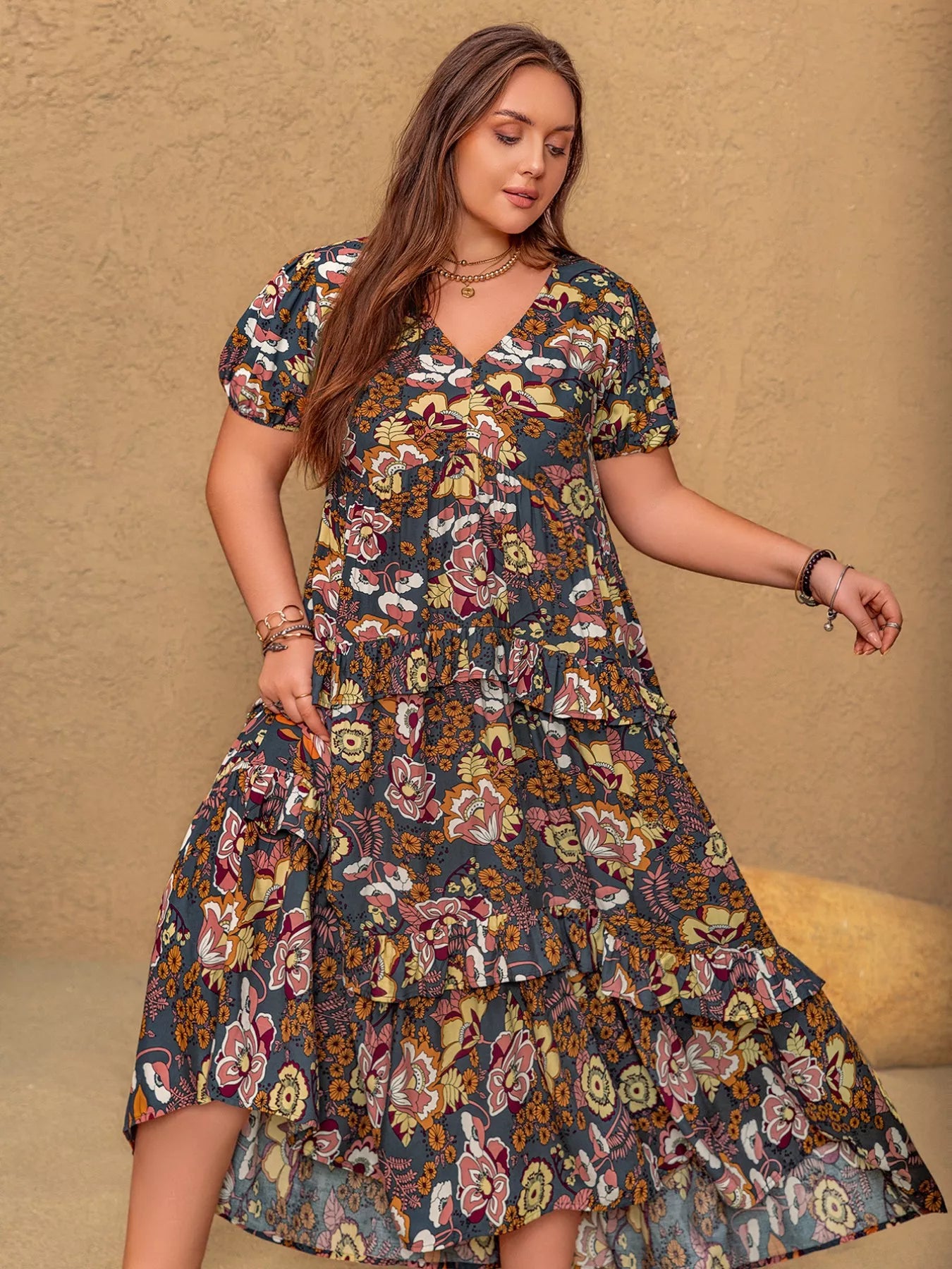 Plus Size V-Neck Short Sleeve Midi Dress OutfitFlow