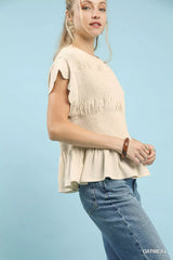 Umgee Linen Blend Smocked Peplum Blouse OutfitFlow