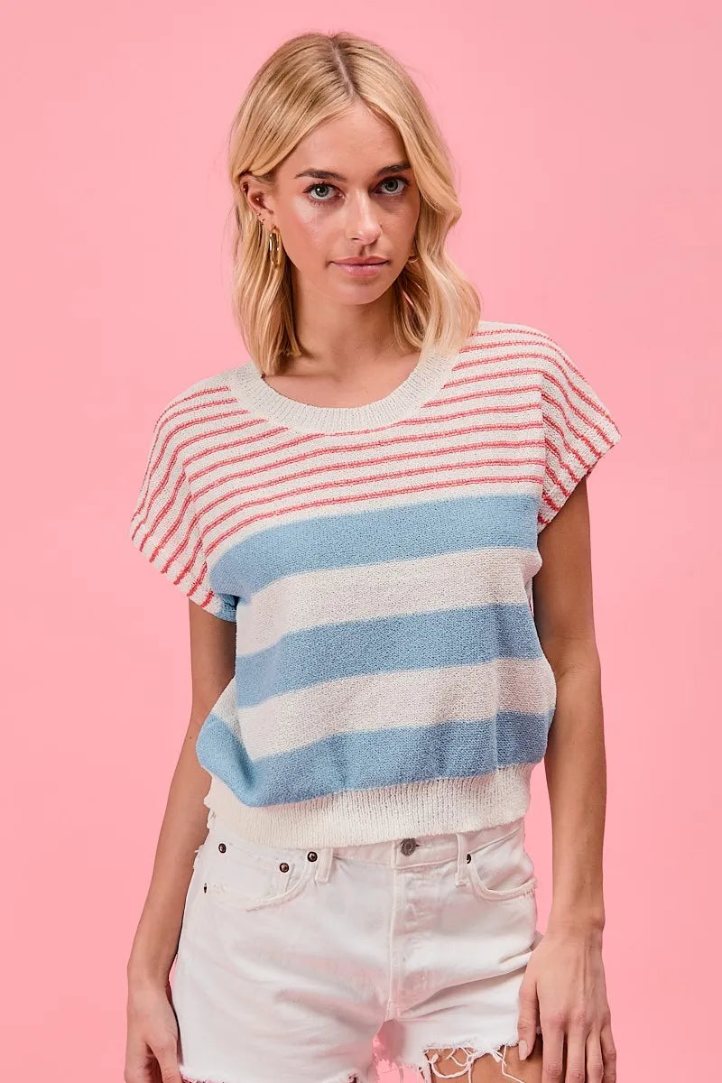 BiBi Stripes Lightweight Short Sleeve Sweater OutfitFlow