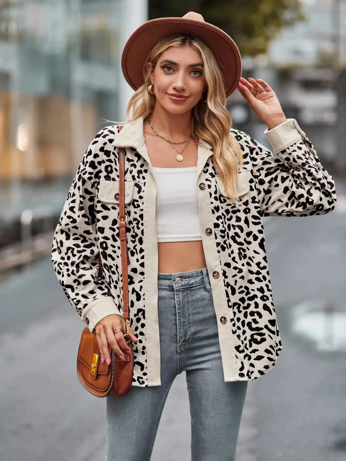 Leopard Print Button-Up Contrast Shacket Khaki OutfitFlow
