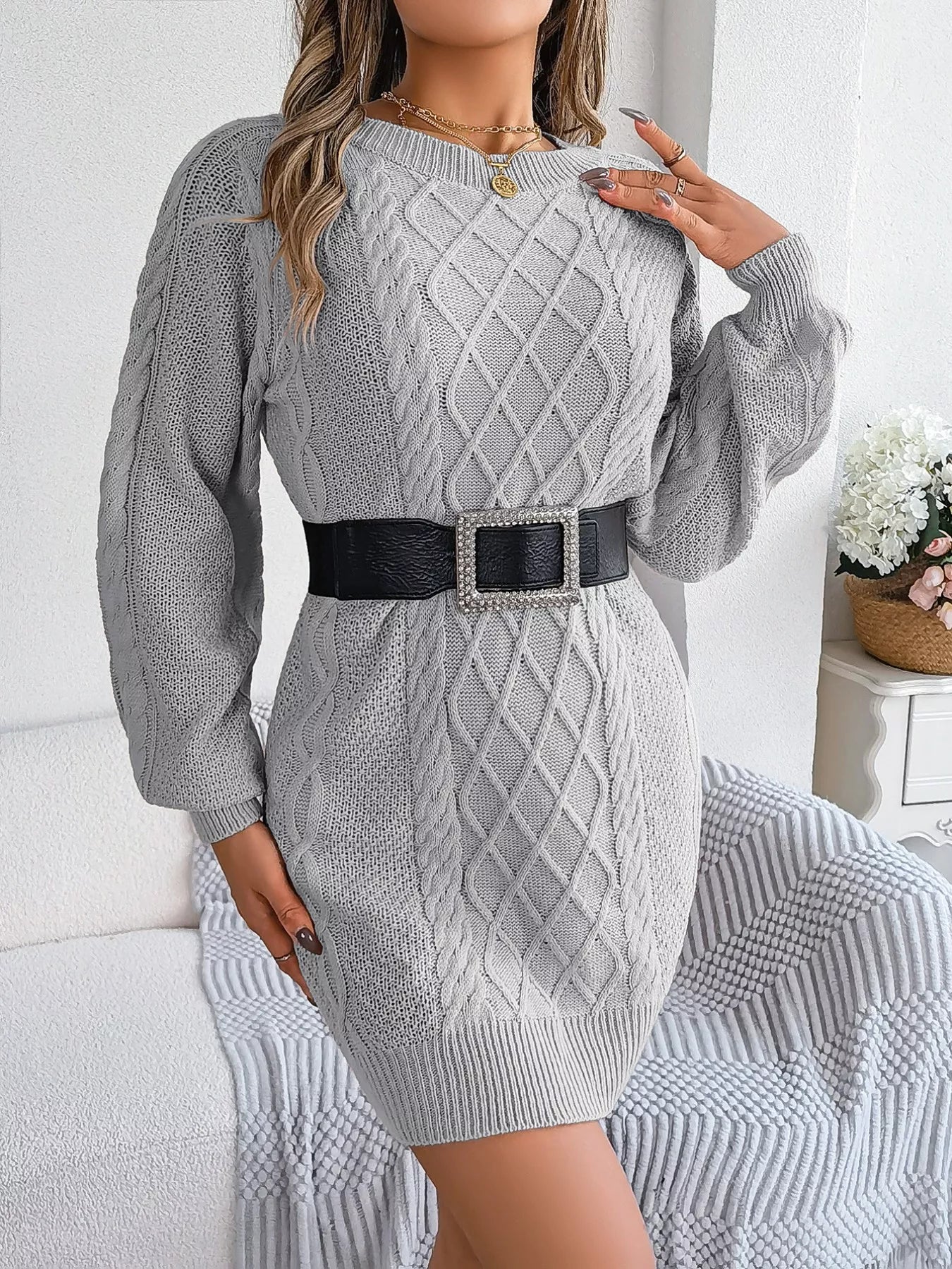 Diamond Cable Knit Sweater Dress with Long Sleeves OutfitFlow