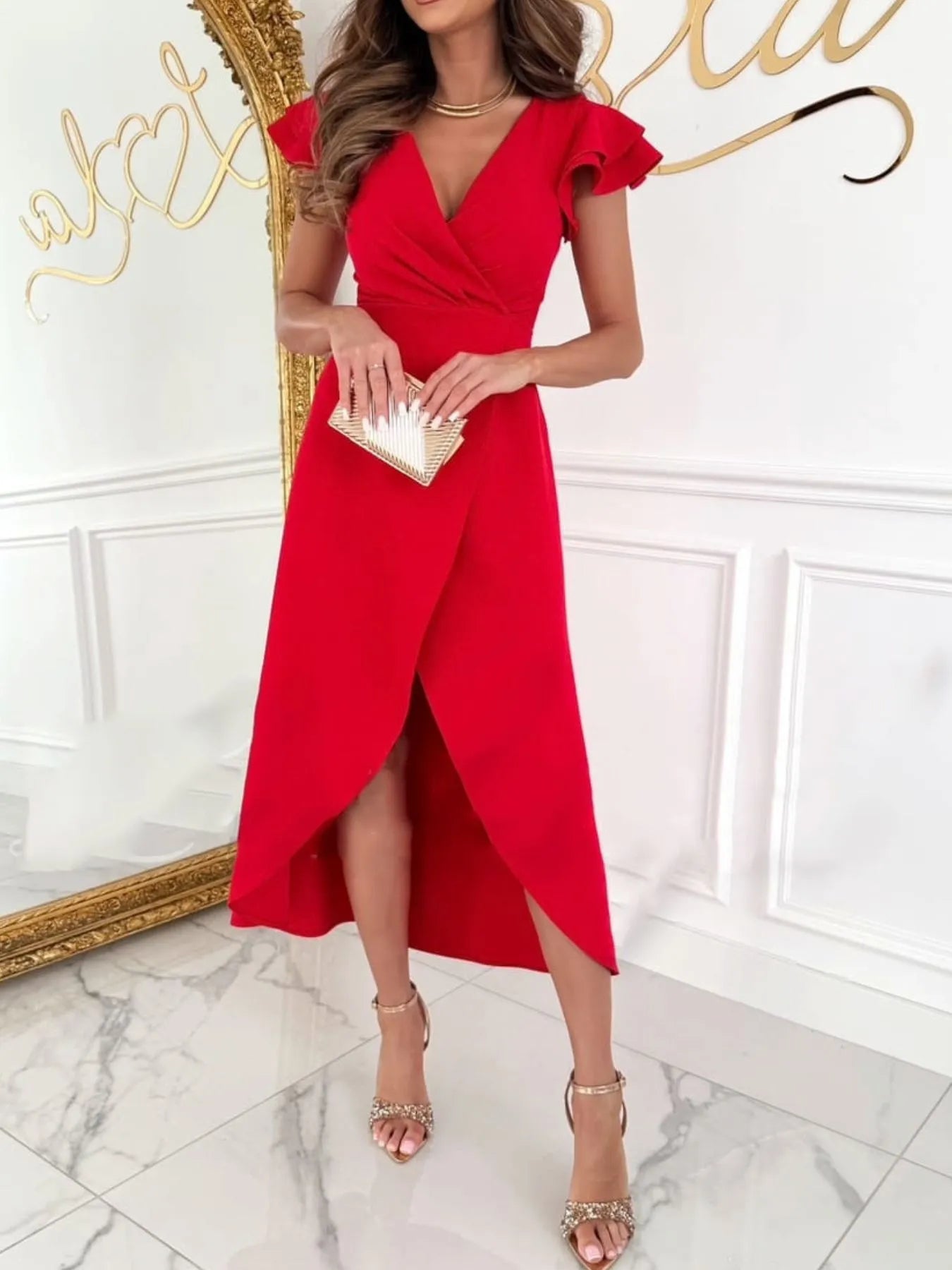 Surplice Ruffled Cap Sleeve Dress Red OutfitFlow