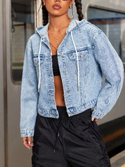 Hooded Drawstring Cropped Denim Jacket Trendsi