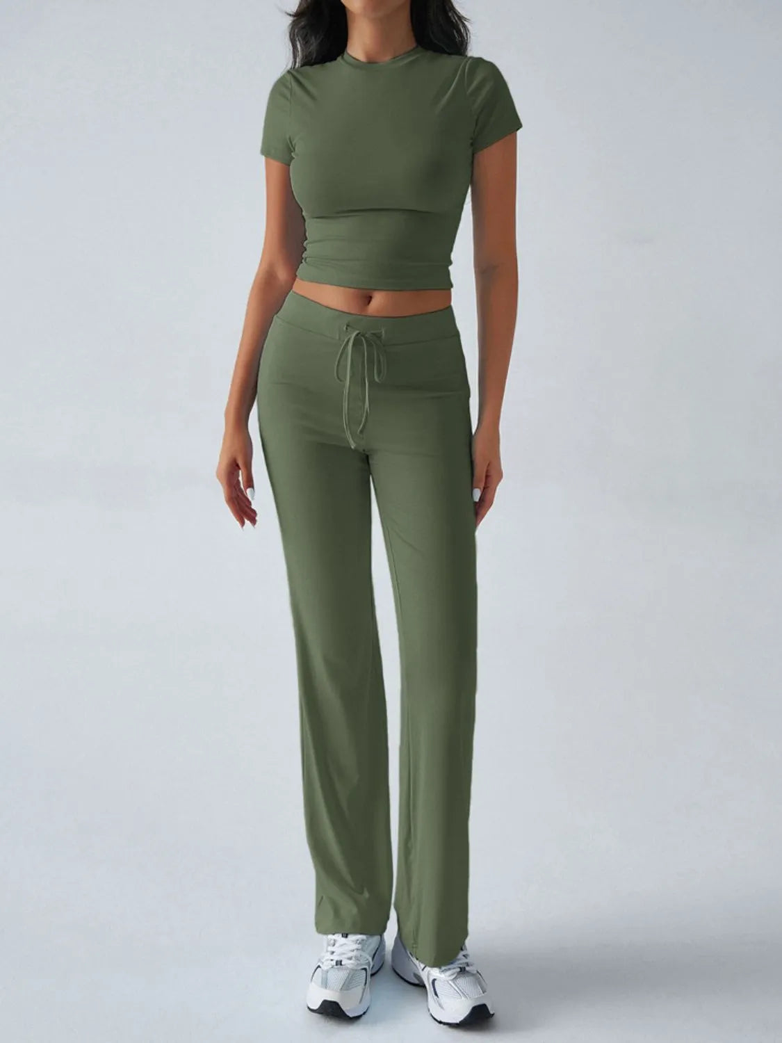 Round Neck Short Sleeve Top and Pants Set Moss OutfitFlow