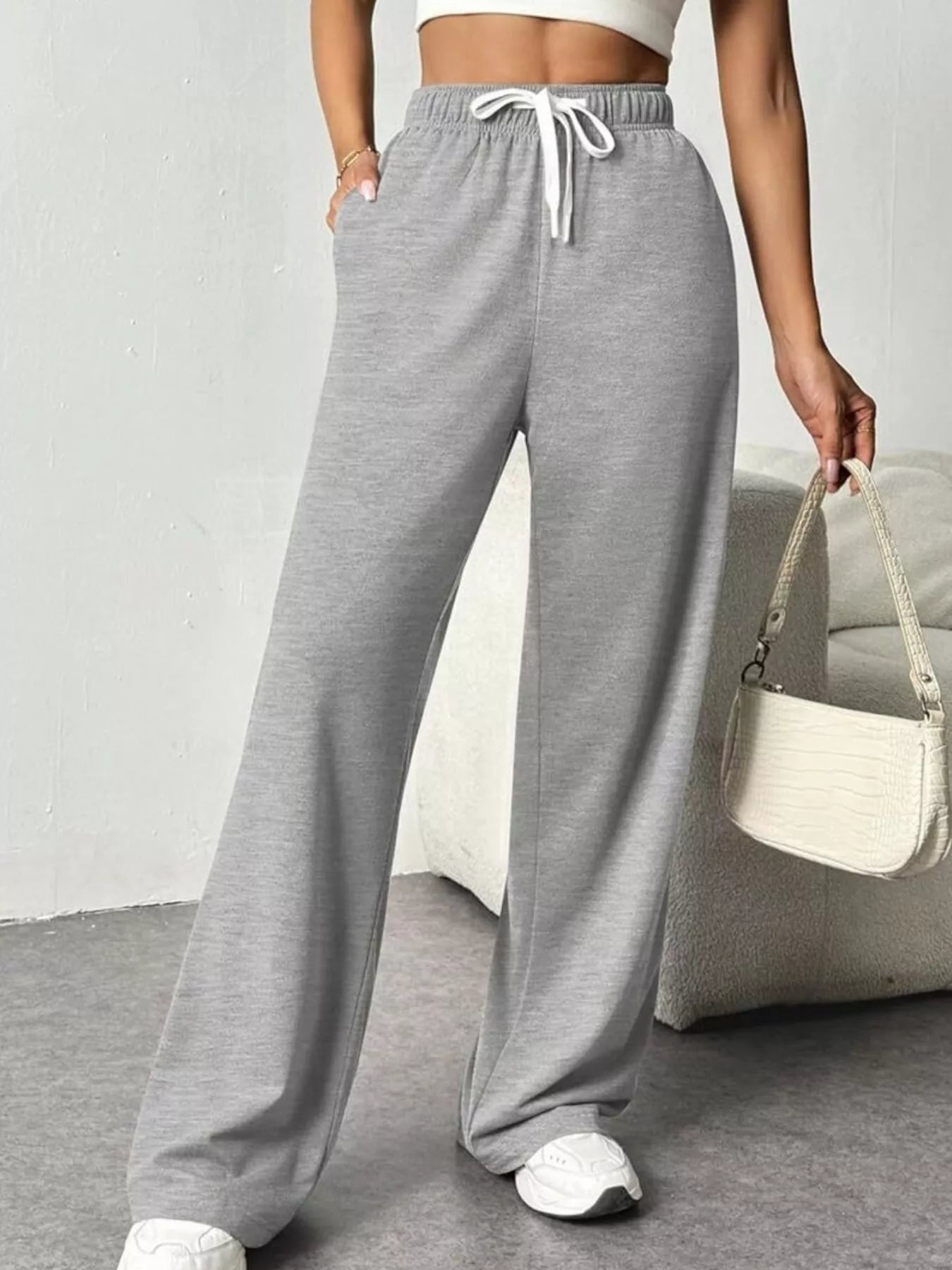 Drawstring Wide Leg Pants Gray OutfitFlow
