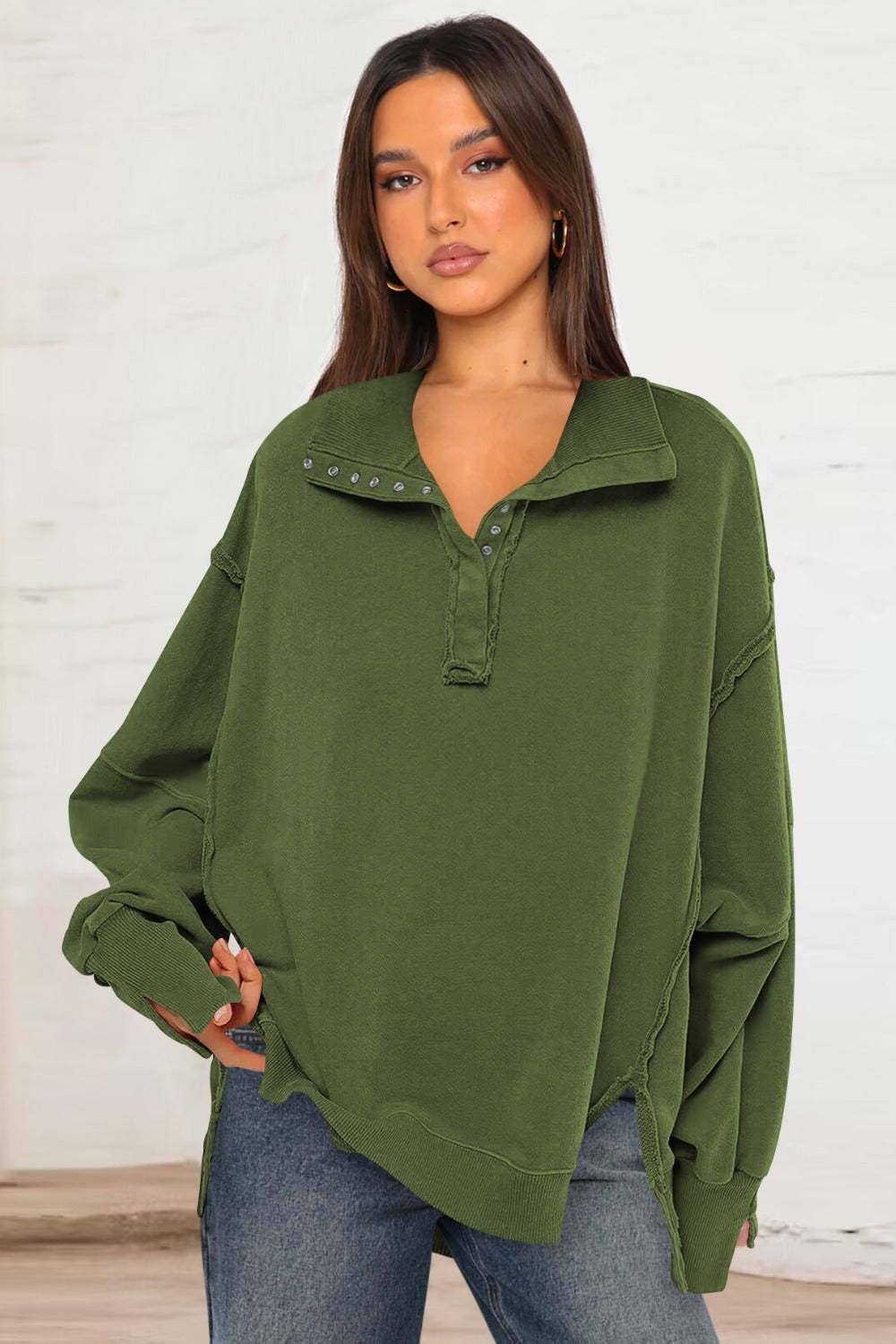 Outfit Flow - Exposed Seam Side Slit Long Sleeve Sweatshirt