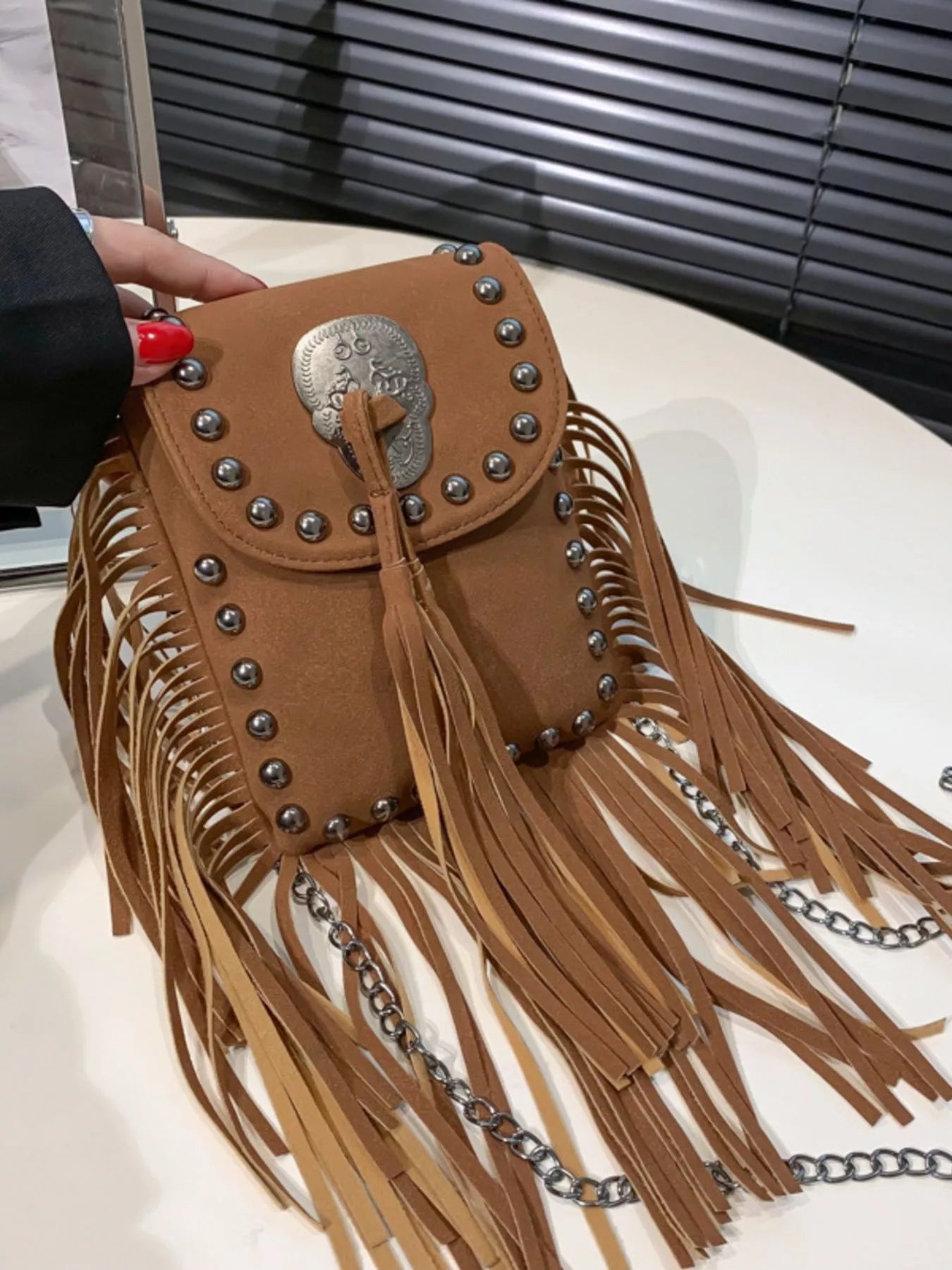 Fringe Rivet Decor Crossbody Bag OutfitFlow