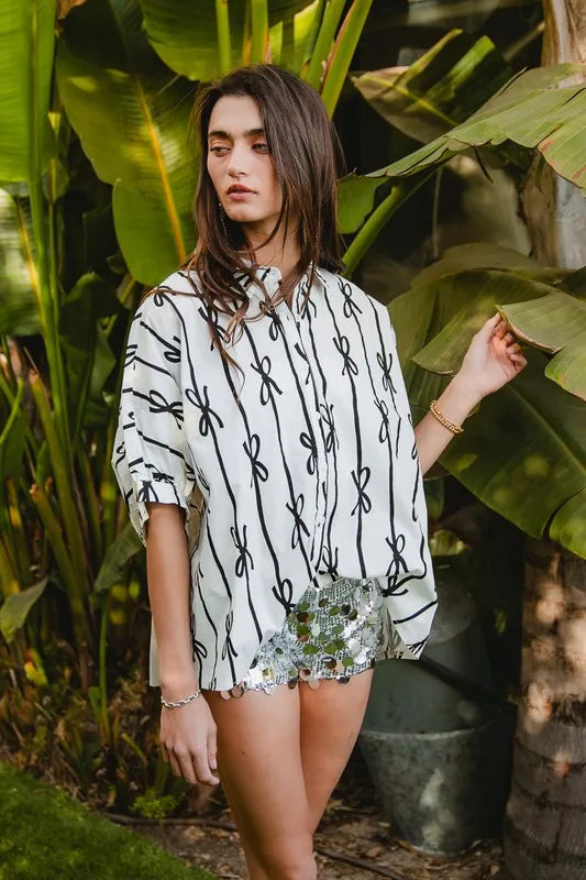 BiBi Bow Ribbon Woven Printed Button Down Shirt OutfitFlow