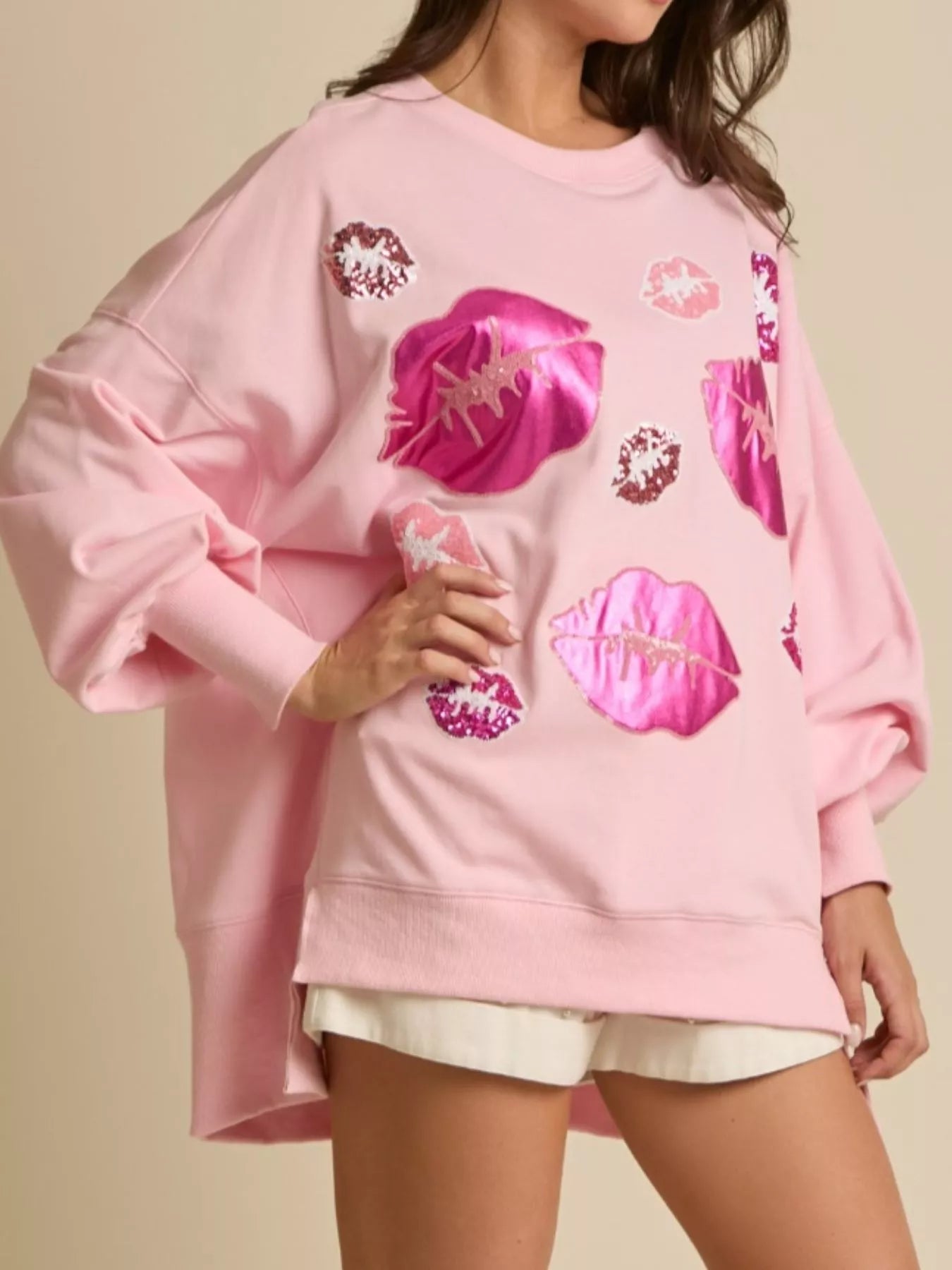 Lips Round Neck Dropped Shoulder Sweatshirt OutfitFlow