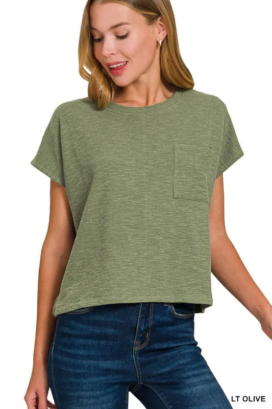 Zenana Round Neck Short Sleeve T-Shirt LT OLIVE OutfitFlow
