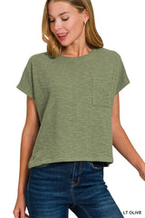 Zenana Round Neck Short Sleeve T-Shirt LT OLIVE OutfitFlow