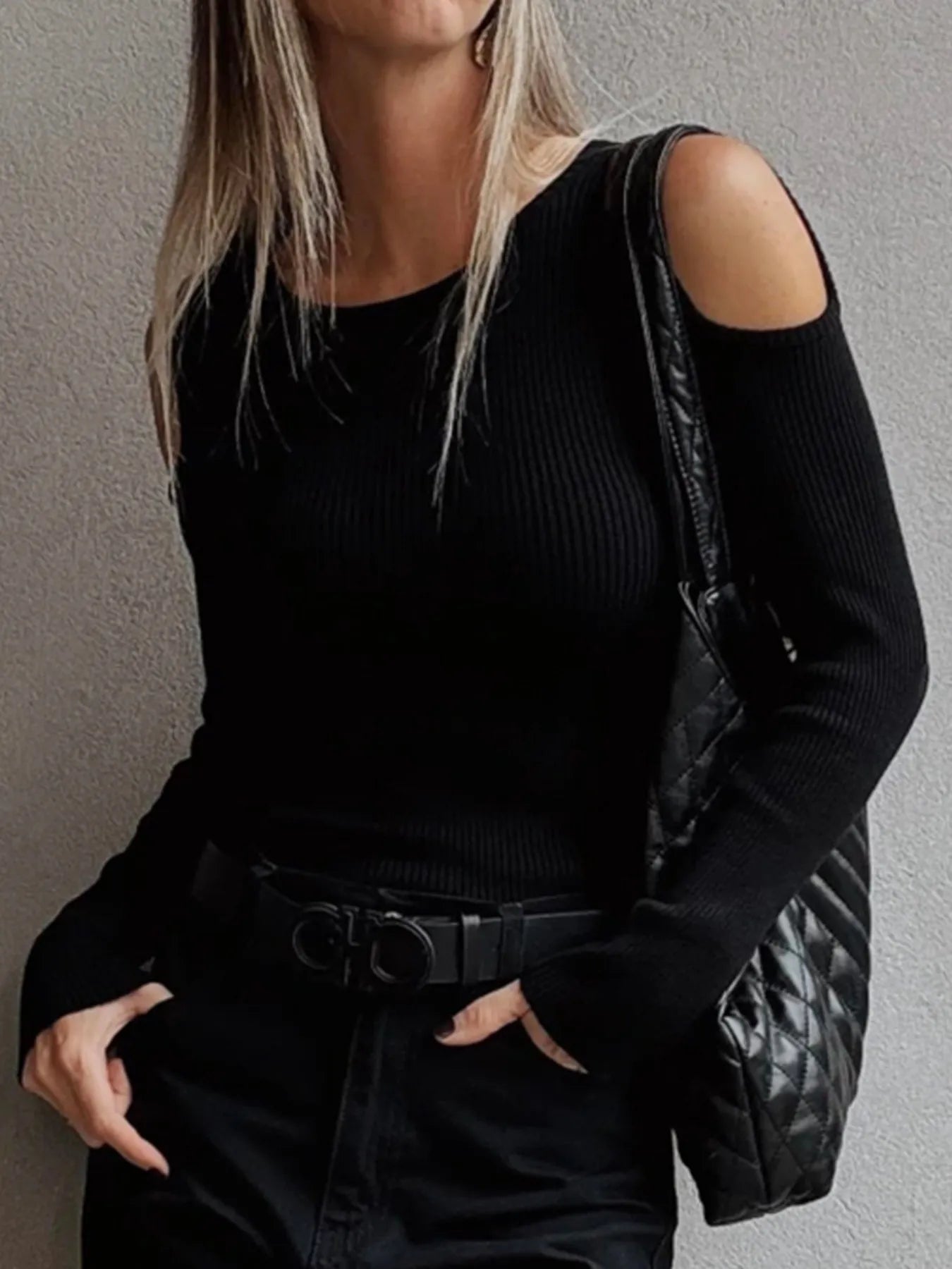 Ribbed Knit Cold Shoulder Sweater OutfitFlow