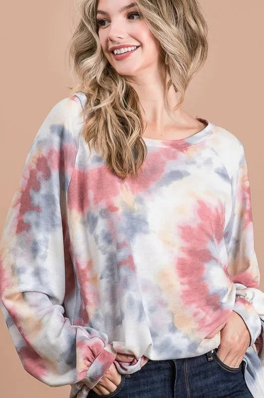BiBi Tie Dye Print Terry Top With Puff Sleeves OutfitFlow