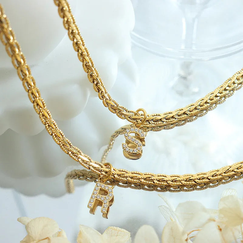 Brass Inlaid Zircon Letter Pendant Necklace OutfitFlow