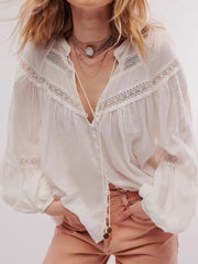 Lace Trim Balloon Sleeve Blouse OutfitFlow