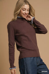 Umgee Ribbed Round Neck Sweater with Ruffle Contrast Trim OutfitFlow