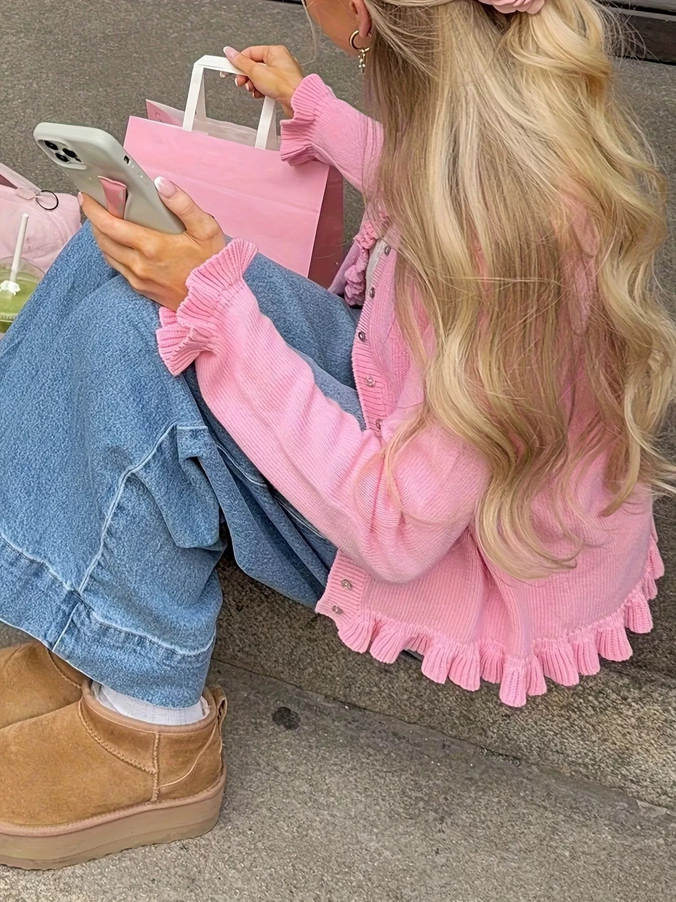 Ruffled Trim Knit Cardigan OutfitFlow