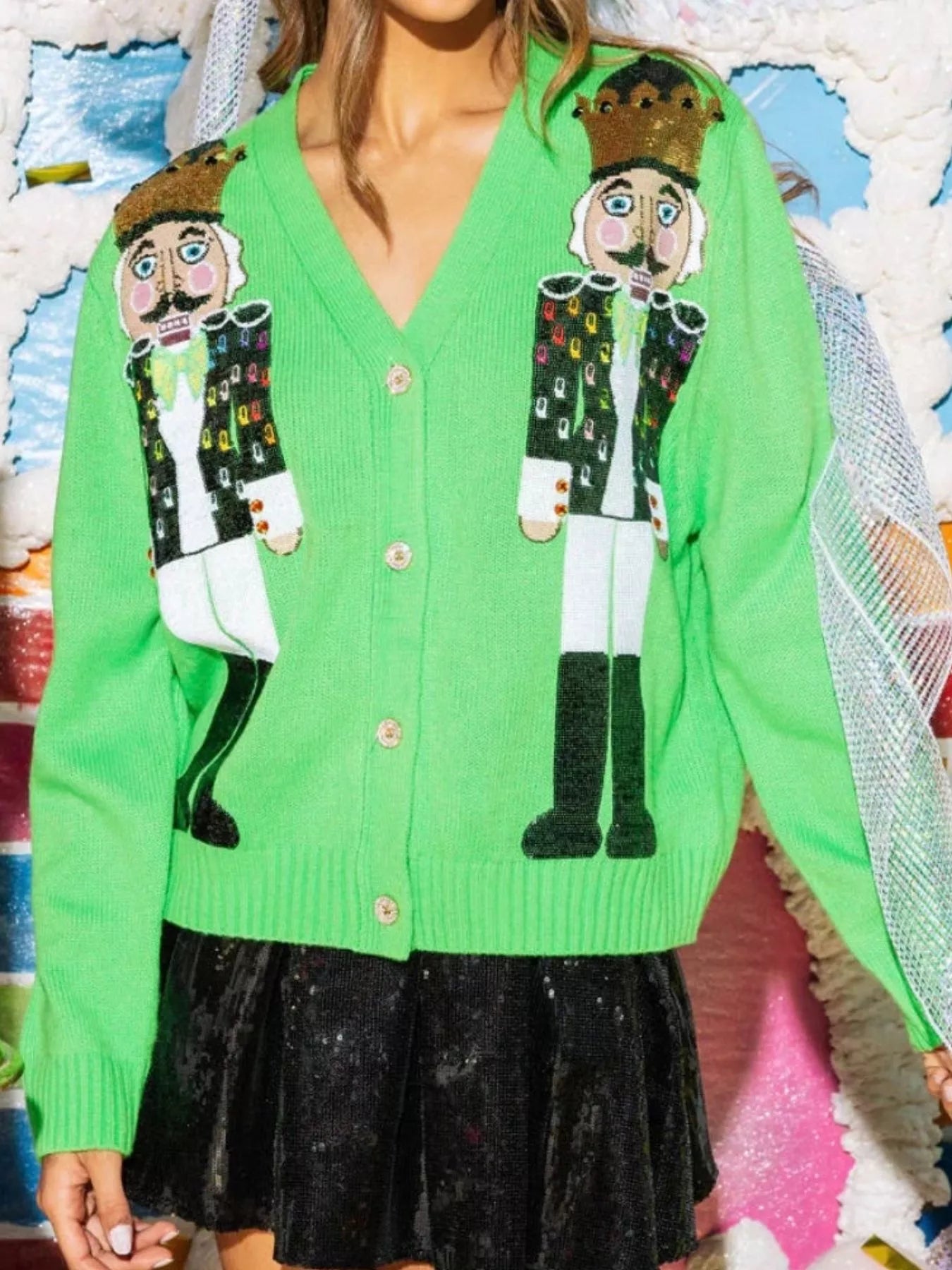 Nutcracker Ribbed Hem V-Neck Cardigan Trendsi