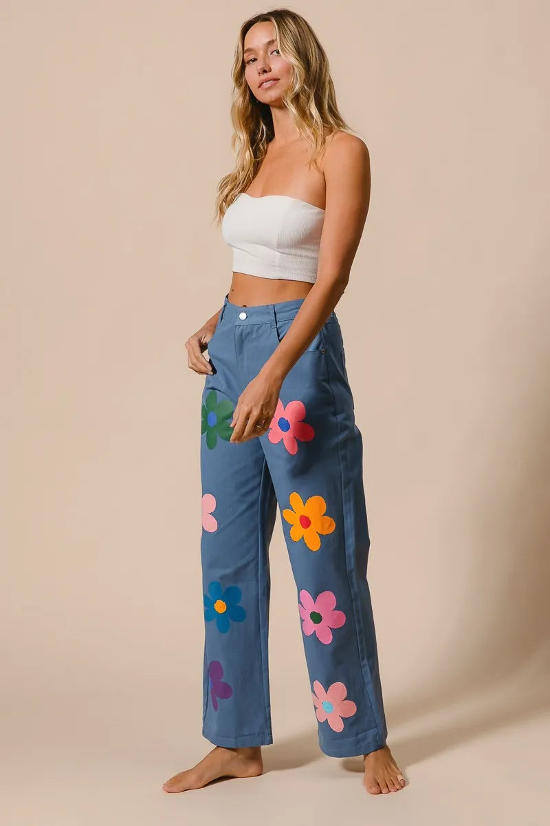 BiBi Flower Print Straight Legs Pants OutfitFlow