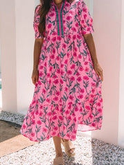 Floral Contrast Neckline A-line Puff Sleeve Dress OutfitFlow
