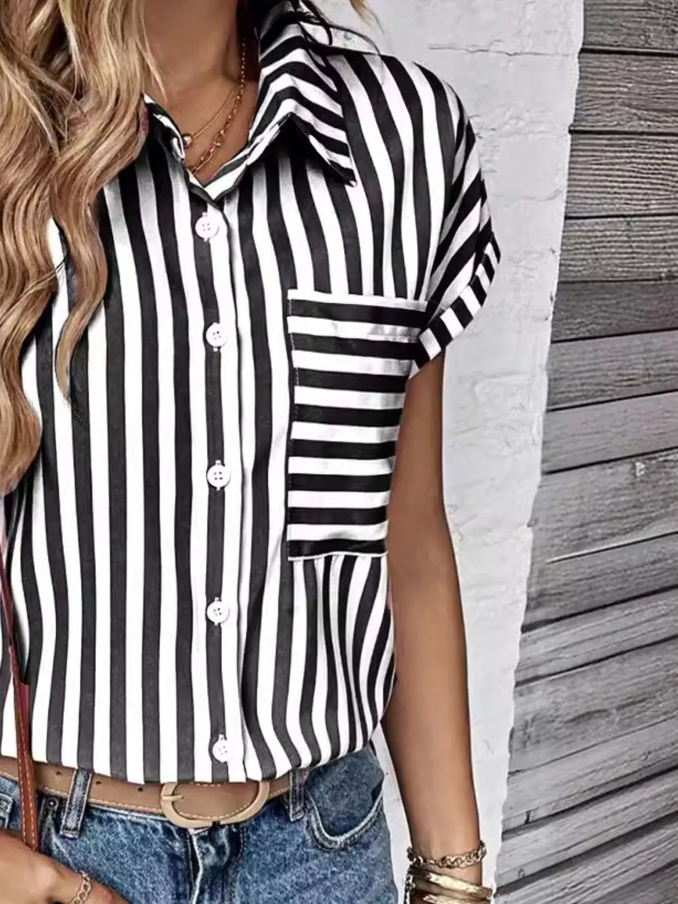 Striped Button-Up Short Sleeve Shirt with Pocket Black OutfitFlow